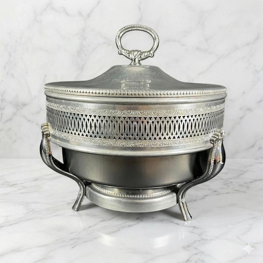 Vintage Silverplate Reticulated Chafing Dish Buffet Server with Lid and Liner